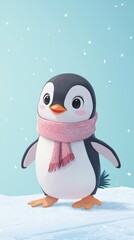 Adorable cartoon penguin sticker wearing a scarf, standing on ice with a solid pastel blue background, clean and modern.