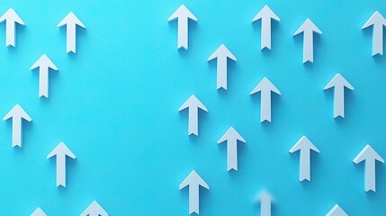 Fototapeta premium Ascending Arrows: A minimalist graphic of white arrows pointing upwards against a bright blue background, symbolizing growth, progress, and upward trajectory.