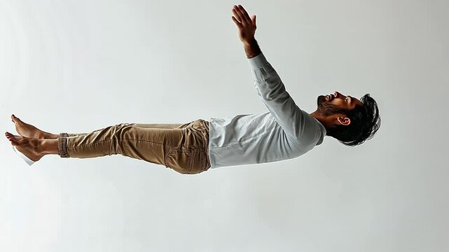 A man of Asian descent is floating in midair. idea of weightlessness and liberation. white background that is solitary.