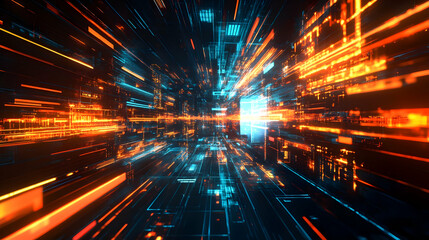 Futuristic digital landscape with vibrant light trails.