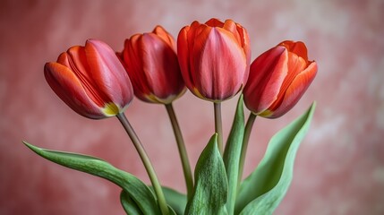 Obraz premium A bouquet of vibrant red tulips against a soft pink background.