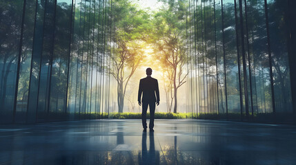 Fototapeta premium A silhouette in a serene, nature-filled environment.