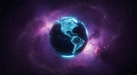 Fototapeta premium Glowing Earth in Purple Nebula Space Planet Galaxy Night