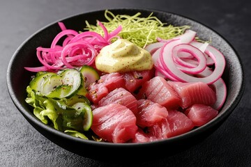 A bowl of fresh sashimi with vegetables and sauce, showcasing vibrant colors and textures.