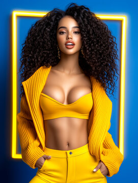 A woman with a yellow sweater and yellow pants poses for a photo. The photo is in a blue background