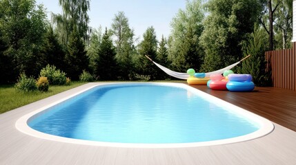 A serene backyard pool area with colorful floats and a hammock.