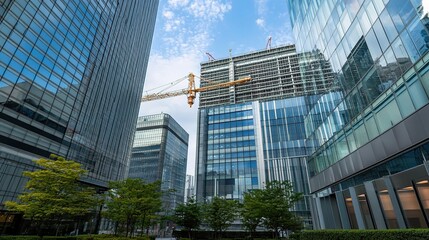 Fototapeta premium Modern Office Building Under Construction with Crane and Blue Sky