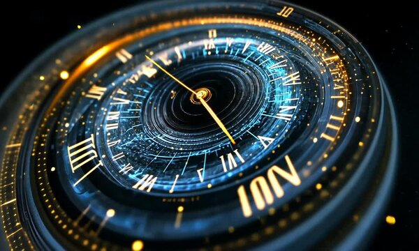 A mesmerizing clock face with glowing elements, symbolizing time and technology.