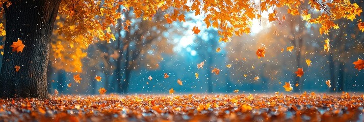 A serene autumn scene with colorful leaves falling amidst a tranquil forest.