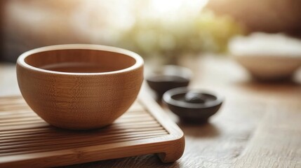 Fototapeta premium A serene wooden bowl filled with liquid, accompanied by small cups on a textured surface.