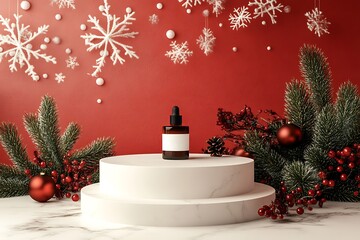 White isolated empty cylinder podium decorated with christmas tree, gift boxes, ribbon on red background. Advertising scene with Christmas