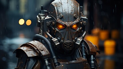 robot in a gas mask or chemical protective futuristic suit in apocalyptical or Nuclear war times, 