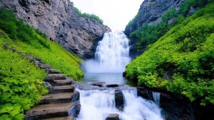 Serene waterfall cascading through lush greenery and rocky terrain.