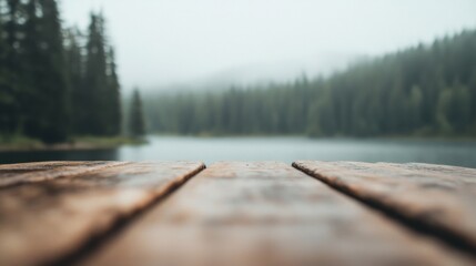 Fototapeta premium Wooden table offers a peaceful view of a misty lake surrounded by lush trees during calm morning hours, perfect for relaxation