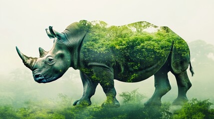 Fototapeta premium double exposure effect of an rhino and green jungle. World wildlife day