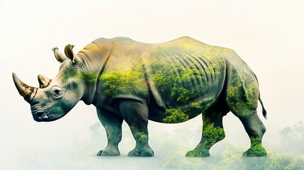 Fototapeta premium double exposure effect of an rhino and green jungle. World wildlife day