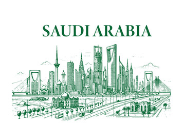 Obraz premium Line drawing of Modern cityscape of Saudi Arabia.