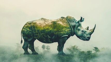 Obraz premium double exposure effect of an rhino and green jungle. World wildlife day