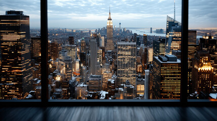 Stunning city skyline view from modern building at dusk