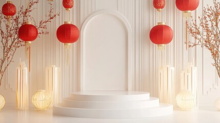 White podium Chinese new year 2025 concept,Red snake flat lay top view, Happy Chinese new year with Red envelope and gold ingot,blessing, wealth on red background with copy space for your text.
