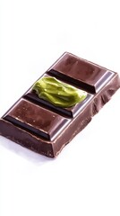 Dubai Chocolate Kunafa Pistachio on white background,Dubai Chocolate bar with green kadayif and pistachio spread,popular and viral chocolate 2024,space for text.