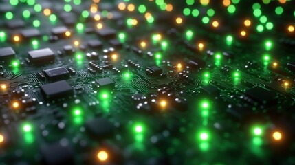 Circuit board with glowing LEDs, data flow.