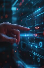 Number 2025 on Virtual Computer Screen, Digital Year Date, Hand Pressing VR AR Button, Futuristic Business and Technology Interface