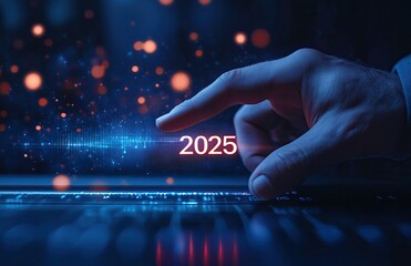 Number 2025 on Virtual Computer Screen, Digital Year Date, Hand Pressing VR AR Button, Futuristic Business and Technology Interface