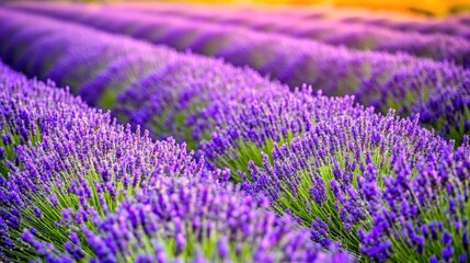 Obraz premium A vibrant field of lavender in rows, showcasing nature's beauty and tranquility.