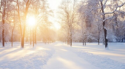 A peaceful winter stroll through a park illuminated by the warm glow of sunlight reflecting off freshly fallen snow