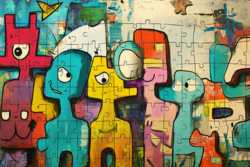 A colorful puzzle featuring playful cartoon-like characters against a vibrant background.