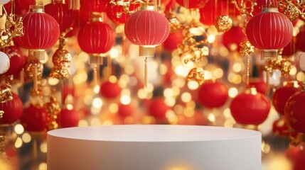 White podium Chinese new year 2025 concept,Red snake flat lay top view, Happy Chinese new year with Red envelope and gold ingot,blessing, wealth on red background with copy space for your text.