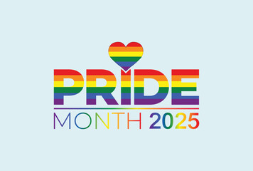 Pride Month 2025 with a love vector. Rainbow LGBT flag colors isolated on a sky blue background
