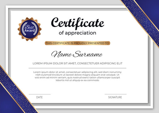 golden and blue certificate of appreciation prestigious award vector