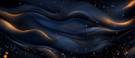 Obraz premium Elegant abstract background with dark blue and gold particles, Christmas golden light bokeh on navy blue, gold foil texture