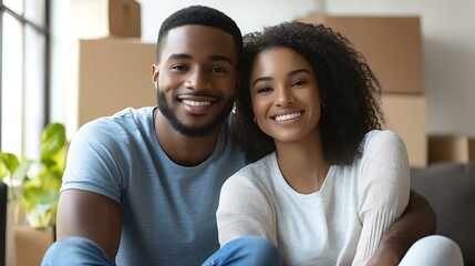 Obraz premium Young couple sitting on the floor of their new home planning decor