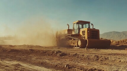 Fototapeta premium Bulldozer Moving Dirt and Gravel on Construction Site Under Sunlight