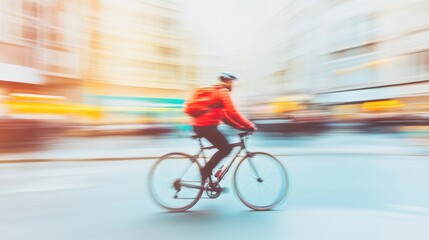 Naklejka premium A cyclist maneuvers swiftly through a bustling urban environment while commuting home in the late afternoon