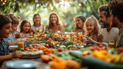 A large family enjoys a meal together outdoors, surrounded by fresh vegetables and greenery.  The table is set with a variety of dishes, and the family members are all smiling and laughing.