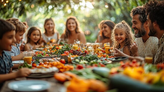 A large family enjoys a meal together outdoors, surrounded by fresh vegetables and greenery.  The table is set with a variety of dishes, and the family members are all smiling and laughing. - Powered by Adobe