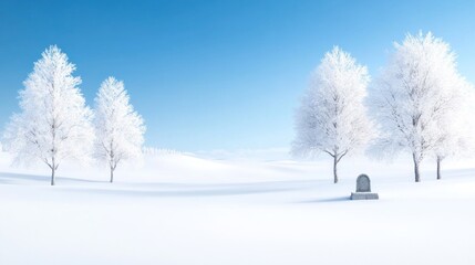 Obraz premium A serene winter landscape with snow-covered trees and a gravestone.
