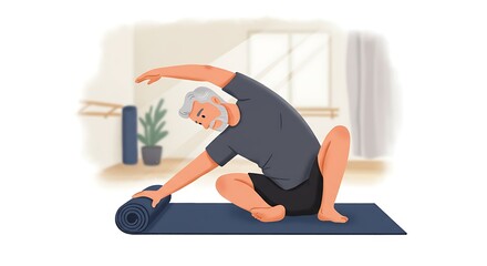 Senior Man Yoga Pose Stretching Exercise Healthy Lifestyle Fitness Routine Home Workout