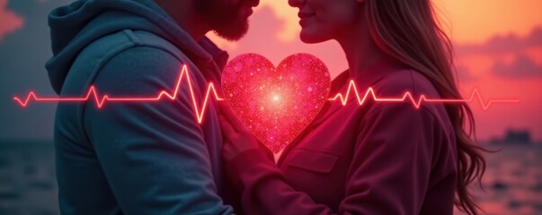 Fototapeta premium A couple embracing with a heartbeat symbol over their intertwined hearts, loving , closeness