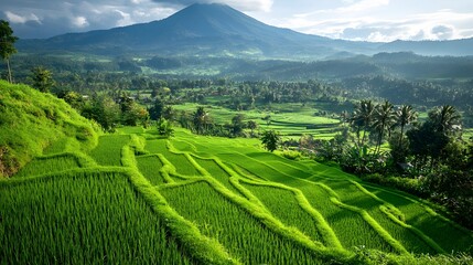 Lush green rice terraces with a mountain backdrop at sunrise.