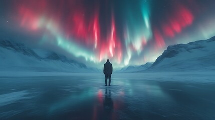 Lone figure silhouetted against vibrant aurora borealis over frozen lake.