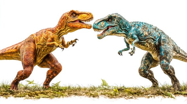 Two colorful dinosaur figures facing each other on a grassy surface.