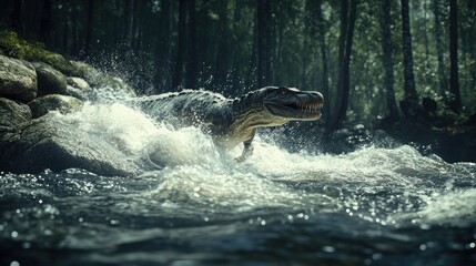 Fototapeta premium A dinosaur emerges from a river, surrounded by a lush forest.