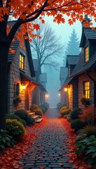 "Generate a serene autumn village scene with cobblestone paths covered in vibrant orange and yellow leaves. Surround the path with rustic stone houses that have warm, glowing windows...