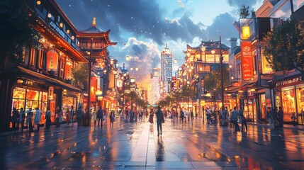 Fototapeta premium Vibrant street scene in an Asian city during twilight, featuring vibrant colors and bustling crowd.