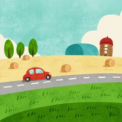 草ロールとサイロの風景　ドライブする赤い車　水彩風手描きイラスト © 梅つむぎ